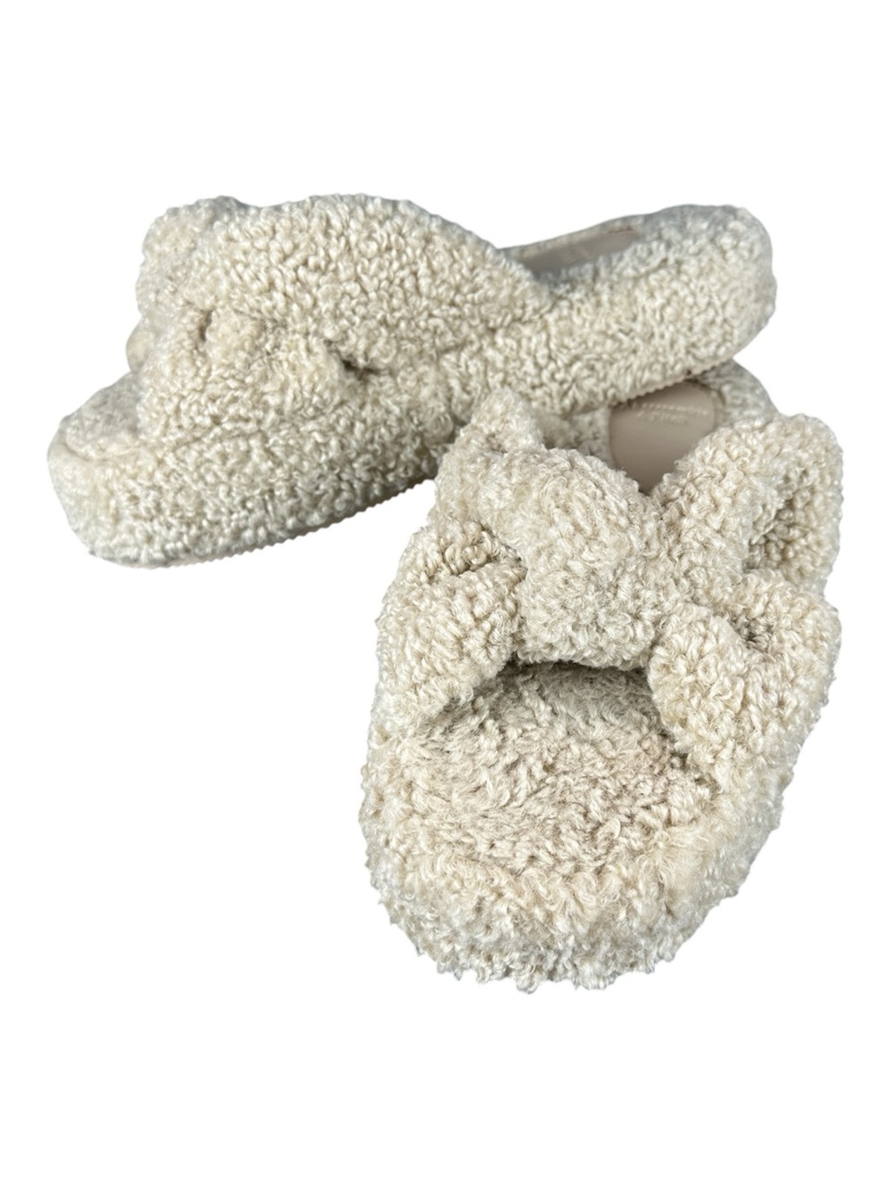 Abercrombie & Fitch Platform Sherpa Slippers 8 Cream Fuzzy Open Toe Slide Cozy